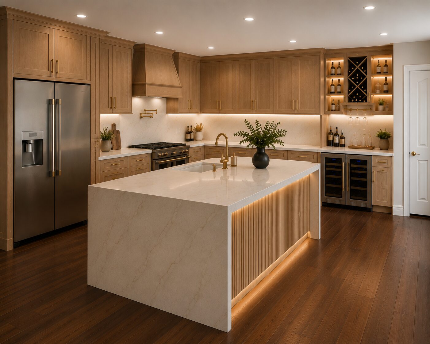 Warm white oak kitchen renovation with built-in wine wall and waterfall island