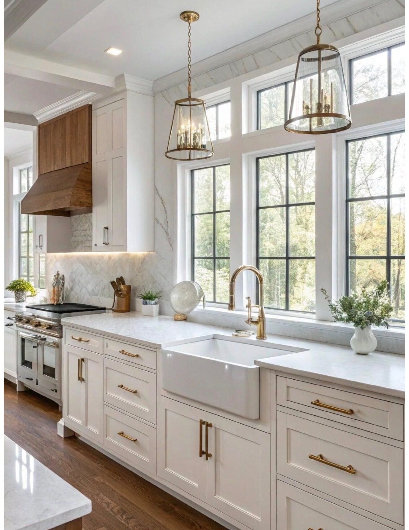 Bright kitchen renovation with brass lantern pendants and a full wall of windows