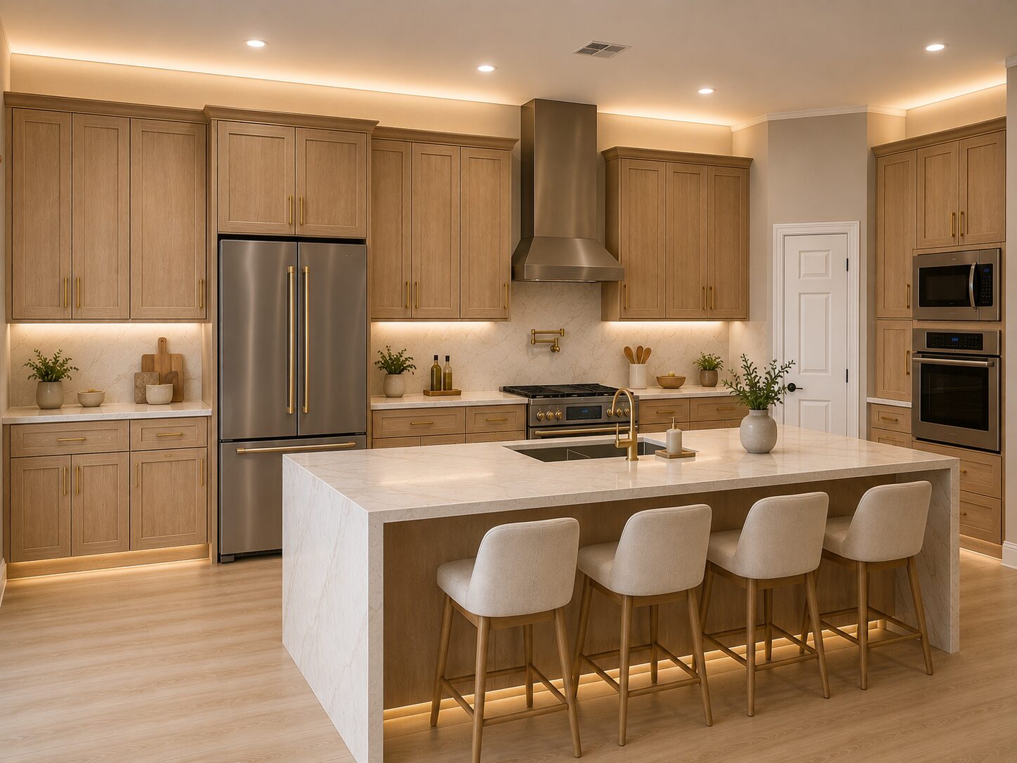 Bright light-oak kitchen renovation in Las Vegas with white waterfall island and rattan pendants