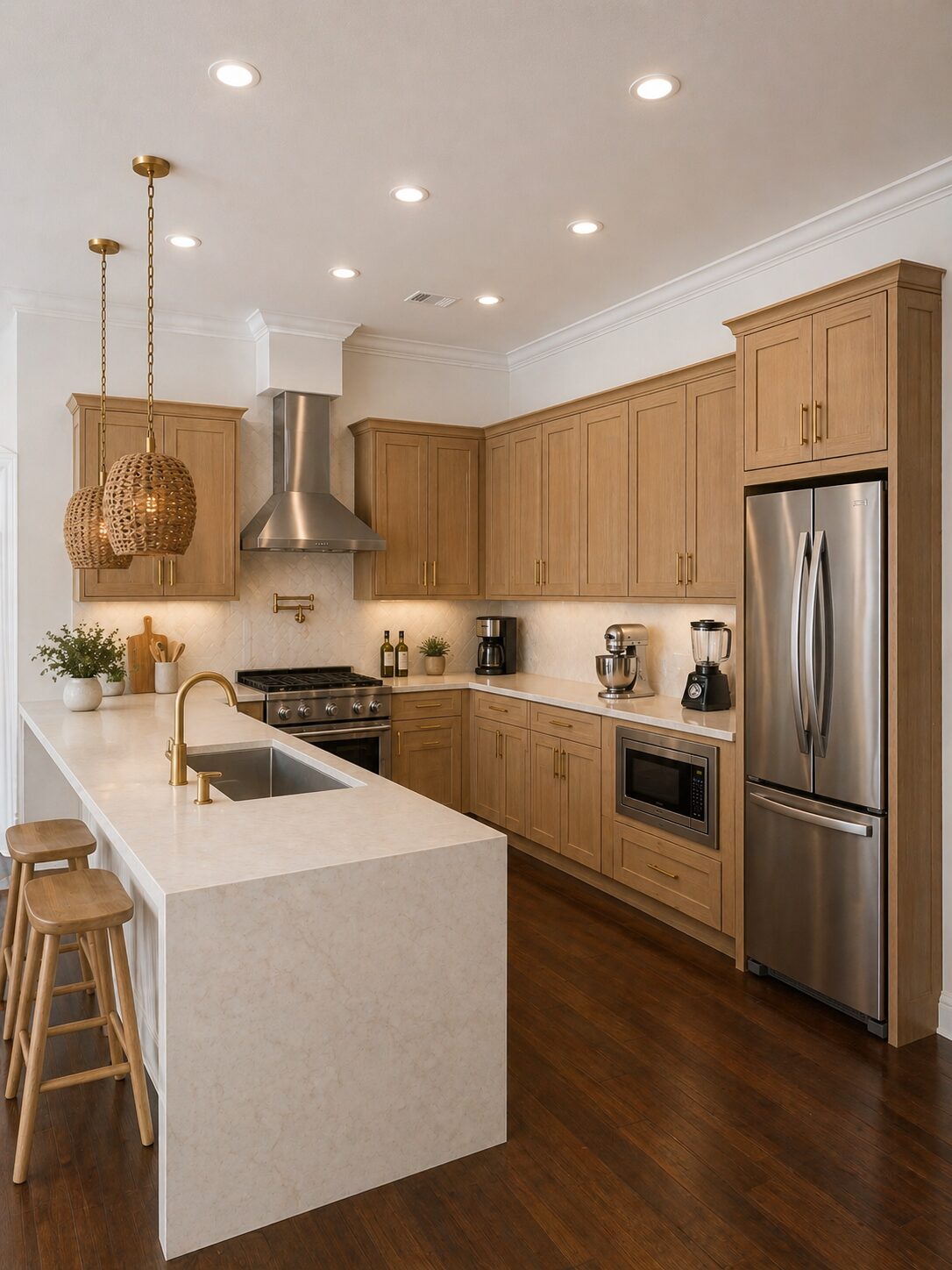 Warm wood kitchen renovation with rattan pendant lighting and gold fixtures