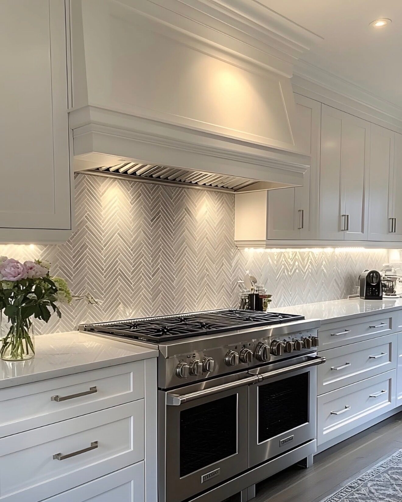 White kitchen renovation with herringbone marble backsplash behind a professional range