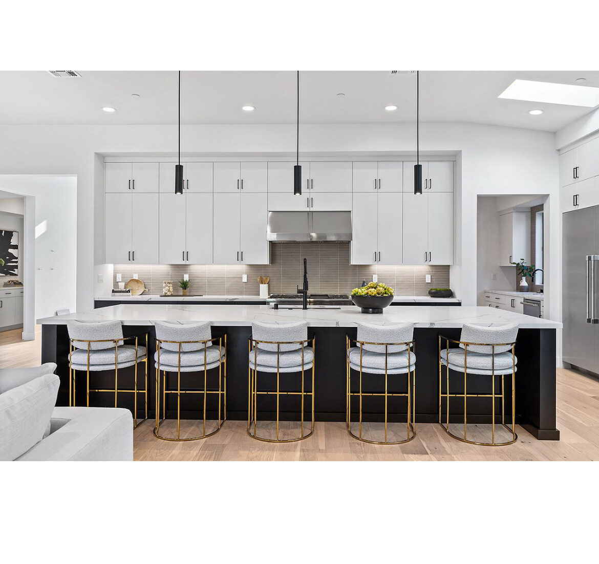 Black and white luxury kitchen renovation, alternate wide angle