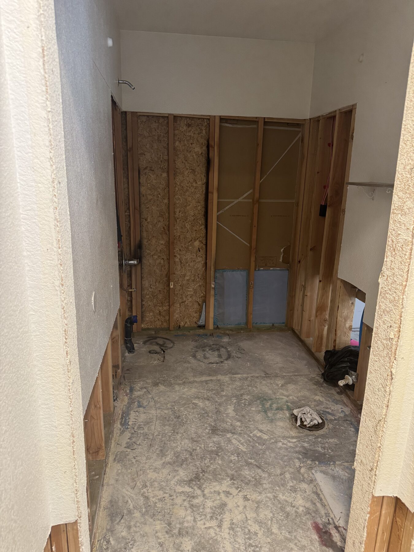 Bathroom framed down to studs and subfloor during a gut renovation